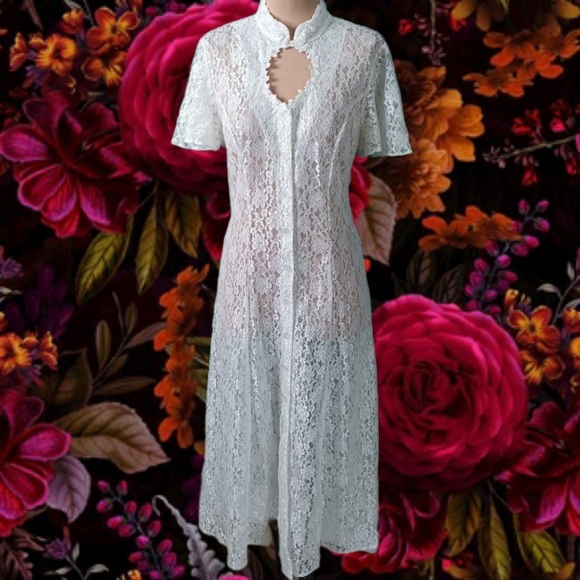 Vintage Dresses & Skirts - Vintage 90s Joni Blair White Lace Victorian Mandarin Neck Dress Sz 12